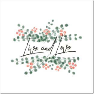 Watercolor Red Berries with Eucalyptus Leaves Live and Love Quote Posters and Art